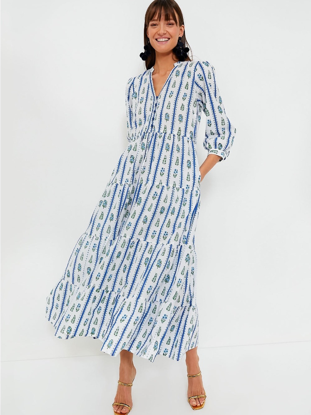 Pink City Prints Indigo Border Maria Maxi Dress in Blue and Green Print size S